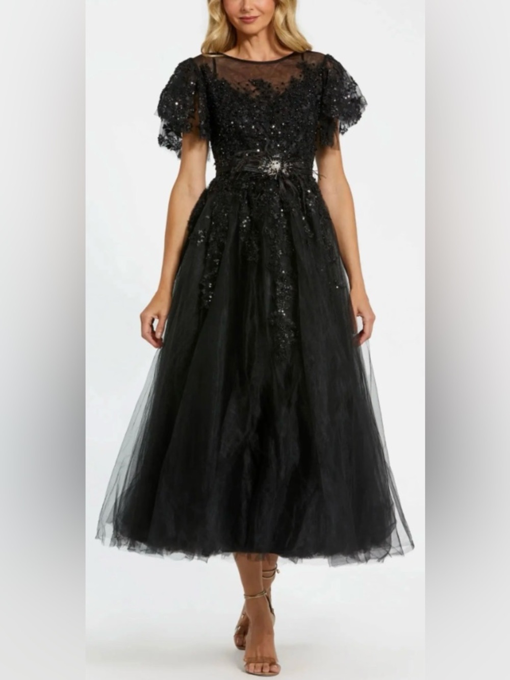 MAC DUGGAL Black Embellished Tulle Formal Midi Dress. Size: 16